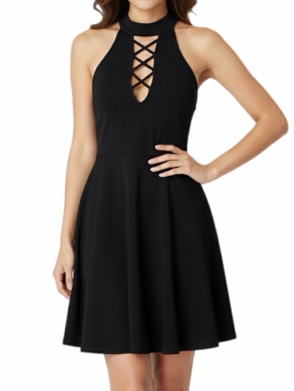 Express Women's Fit & Flare Dress XS Black Caged Halter Neck Keyhole Jersey Knit